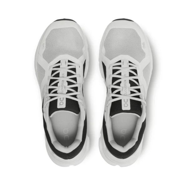 On Cloudrunner Glacier black and white running shoes top view with laces and breathable mesh upper
